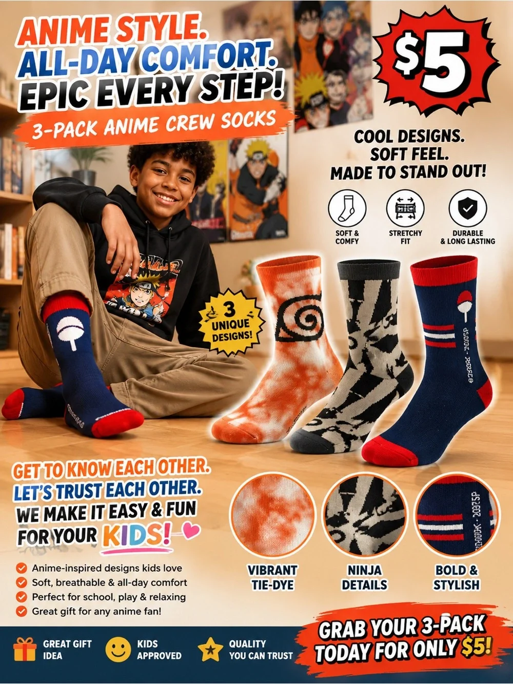 Ripple Junction Navy & Red Anime Crew Socks